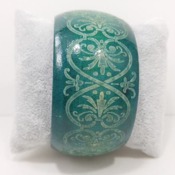 Teal Green Etched Wide Wooden Bangle Bracelet, Women Wide Bangle, 8 Inches - Picture 2 of 8